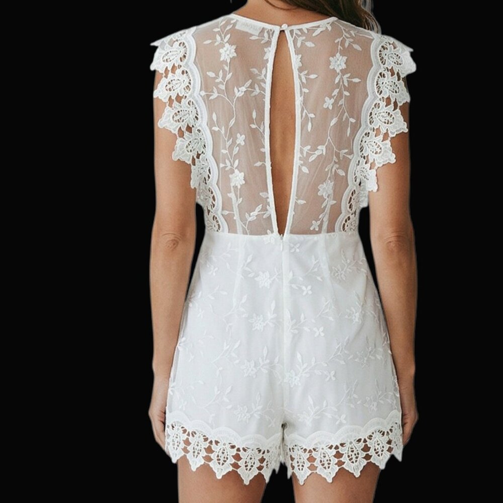 L'ATISTE By Amy Off White Lace Sheer Bodice Open Back Jumper - Size Small - Picture 2 of 14